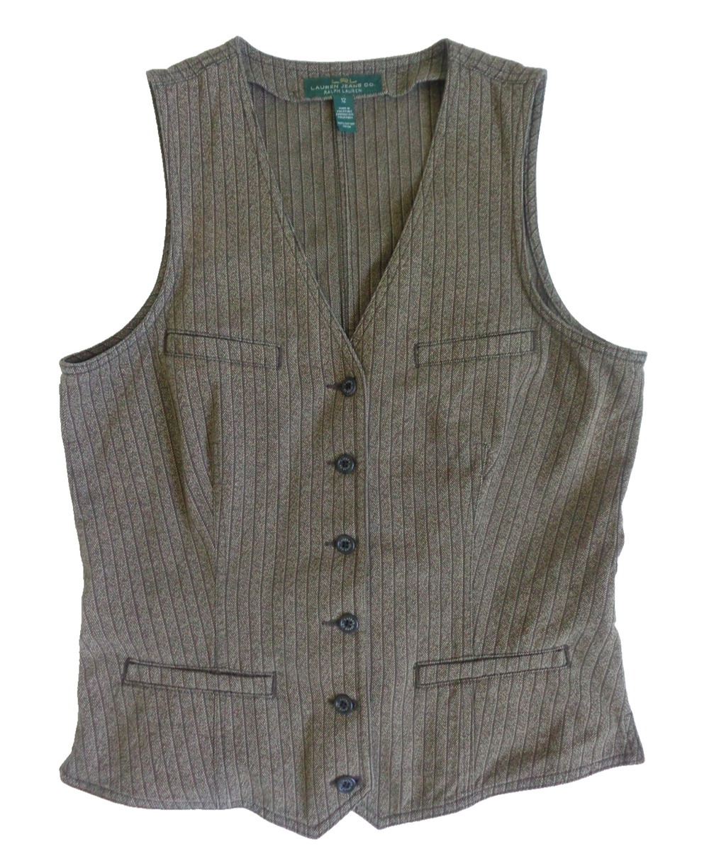 LRL Lauren Ralph Lauren Vest Women's Size 12 Brown Pinstripe Cotton Adjustable